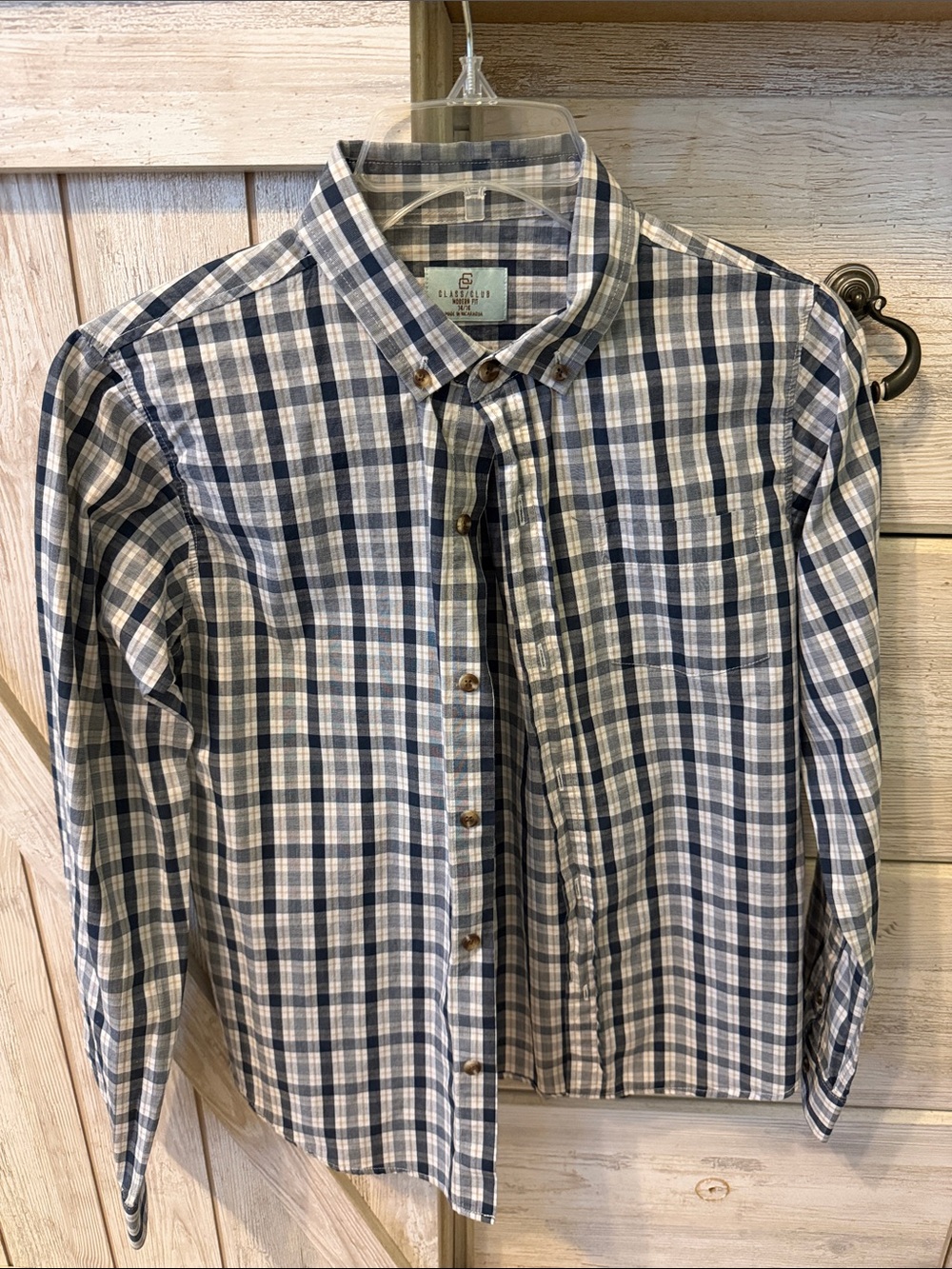 Class Club Men's Navy and White Plaid Button-Down Shirt